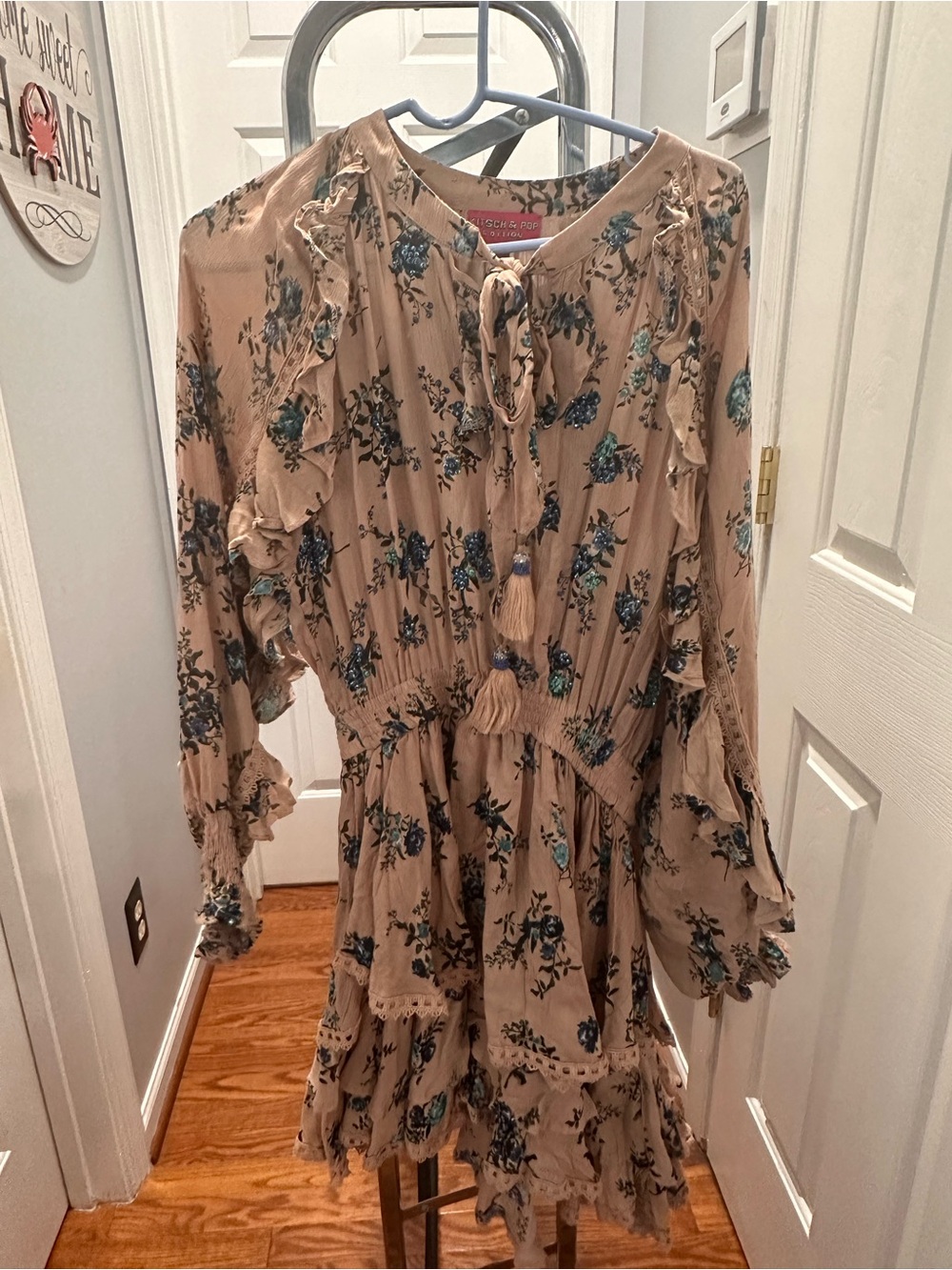 Kitsch Beige Floral Ruffle Long-Sleeve Dress with Tassel Tie